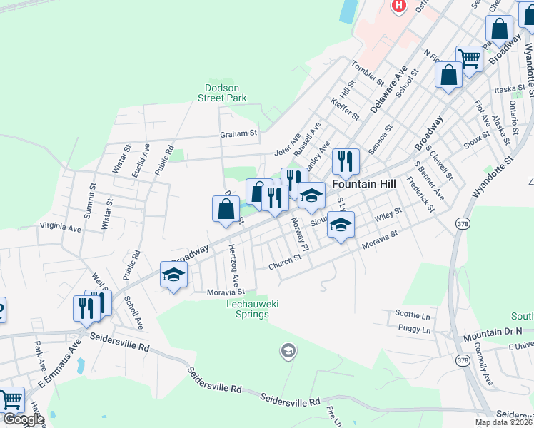 map of restaurants, bars, coffee shops, grocery stores, and more near 1319 Church Alley in Fountain Hill