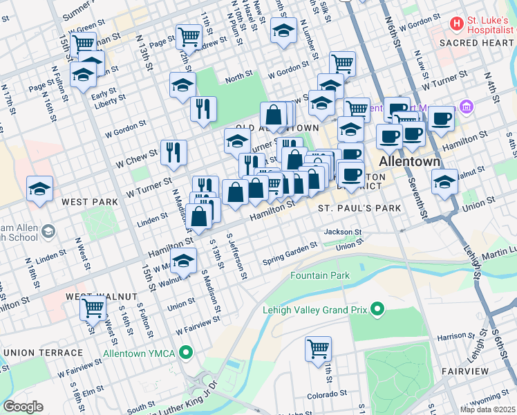 map of restaurants, bars, coffee shops, grocery stores, and more near 1139 West Court Street in Allentown