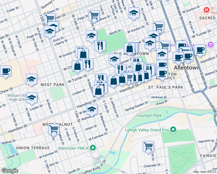map of restaurants, bars, coffee shops, grocery stores, and more near in Allentown