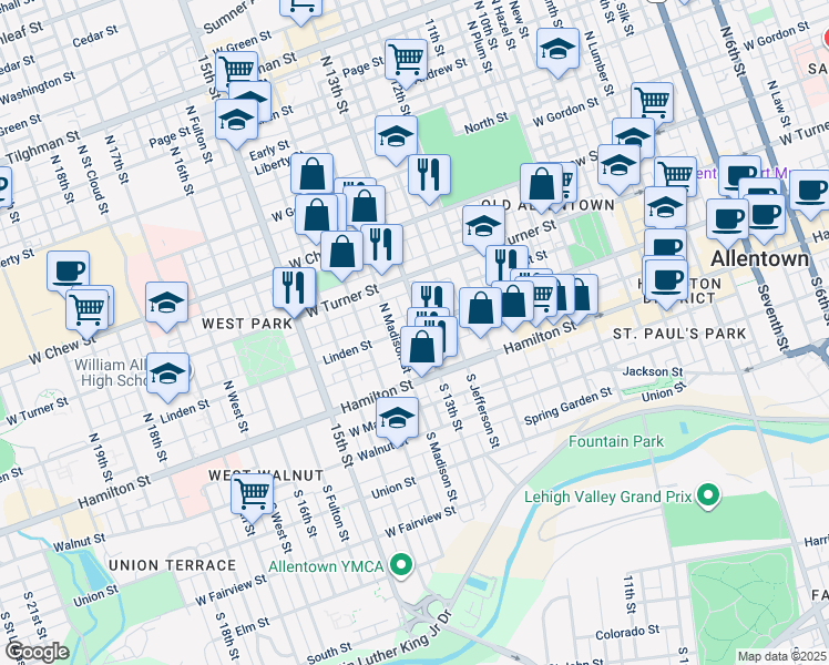 map of restaurants, bars, coffee shops, grocery stores, and more near 1299 Linden Street in Allentown
