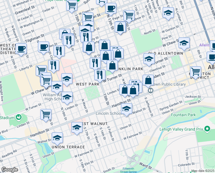 map of restaurants, bars, coffee shops, grocery stores, and more near 137 North 15th Street in Allentown