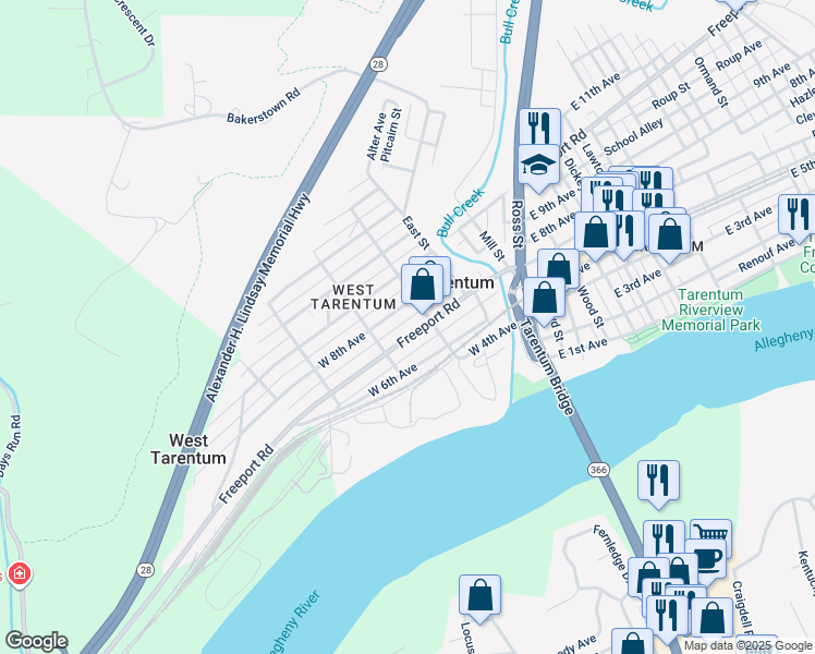 map of restaurants, bars, coffee shops, grocery stores, and more near 150 West 7th Avenue in Tarentum