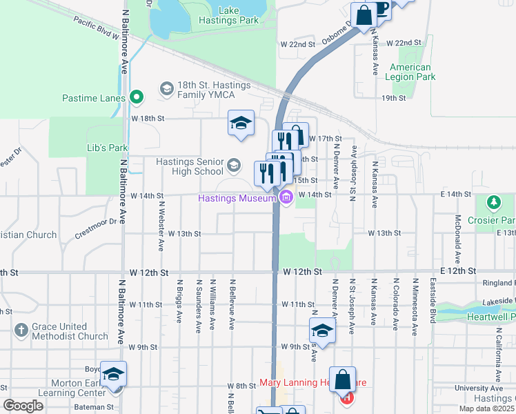 map of restaurants, bars, coffee shops, grocery stores, and more near 1021 West 14th Street in Hastings