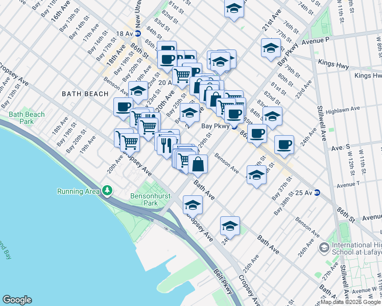 map of restaurants, bars, coffee shops, grocery stores, and more near 120 Bay 29th Street in Brooklyn