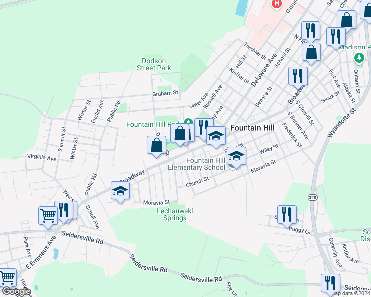 map of restaurants, bars, coffee shops, grocery stores, and more near 1401 Broadway in Fountain Hill