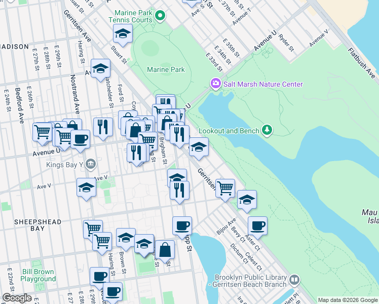 map of restaurants, bars, coffee shops, grocery stores, and more near 2269 Gerritsen Avenue in Brooklyn
