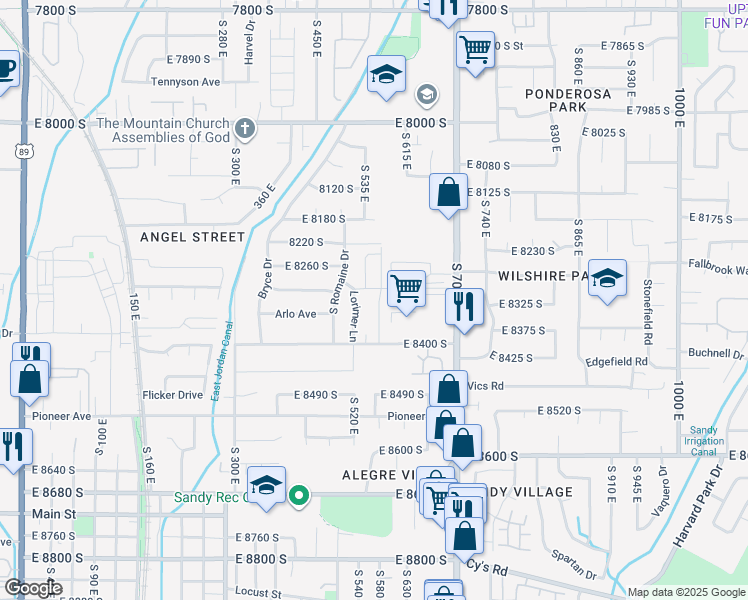 map of restaurants, bars, coffee shops, grocery stores, and more near 8322 Levine Lane in Sandy