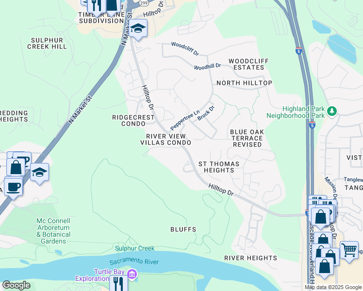 map of restaurants, bars, coffee shops, grocery stores, and more near Hilltop Drive & Mercedes Lane in Redding