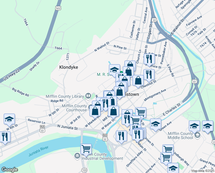 map of restaurants, bars, coffee shops, grocery stores, and more near 111 North Brown Street in Lewistown