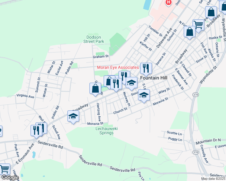 map of restaurants, bars, coffee shops, grocery stores, and more near 1401 Broadway in Fountain Hill