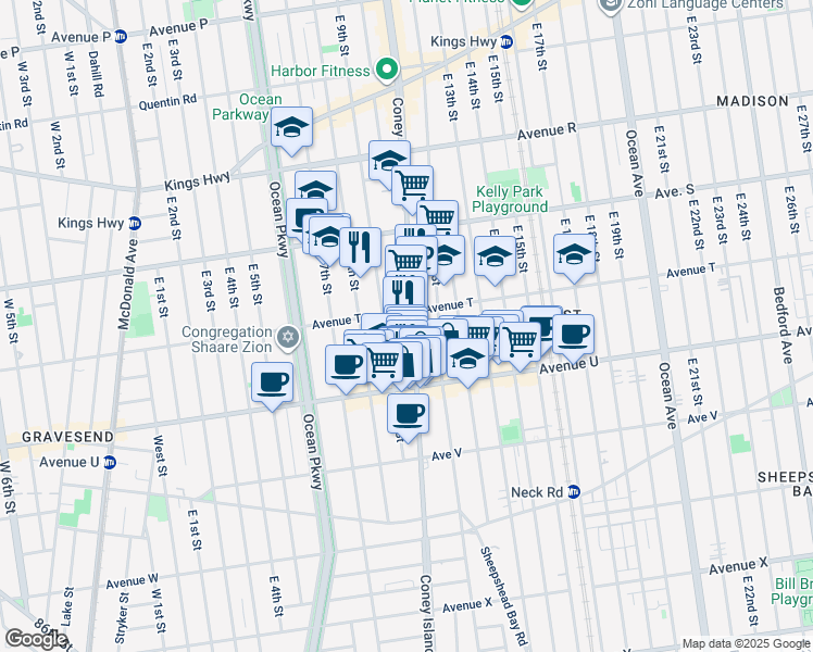 map of restaurants, bars, coffee shops, grocery stores, and more near 2332 Coney Island Avenue in Brooklyn