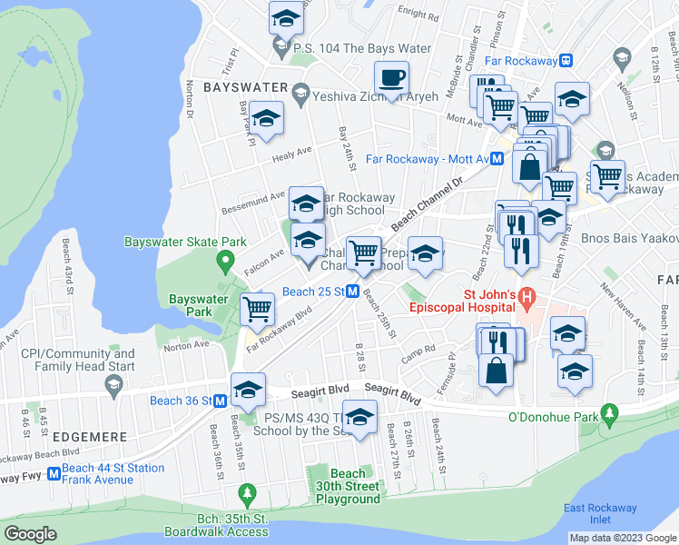 map of restaurants, bars, coffee shops, grocery stores, and more near 25-15 Beach Channel Drive in Queens