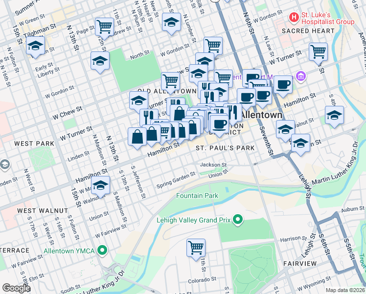 map of restaurants, bars, coffee shops, grocery stores, and more near 1010 Hamilton Street in Allentown