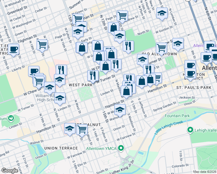 map of restaurants, bars, coffee shops, grocery stores, and more near 1414 Newton Street in Allentown