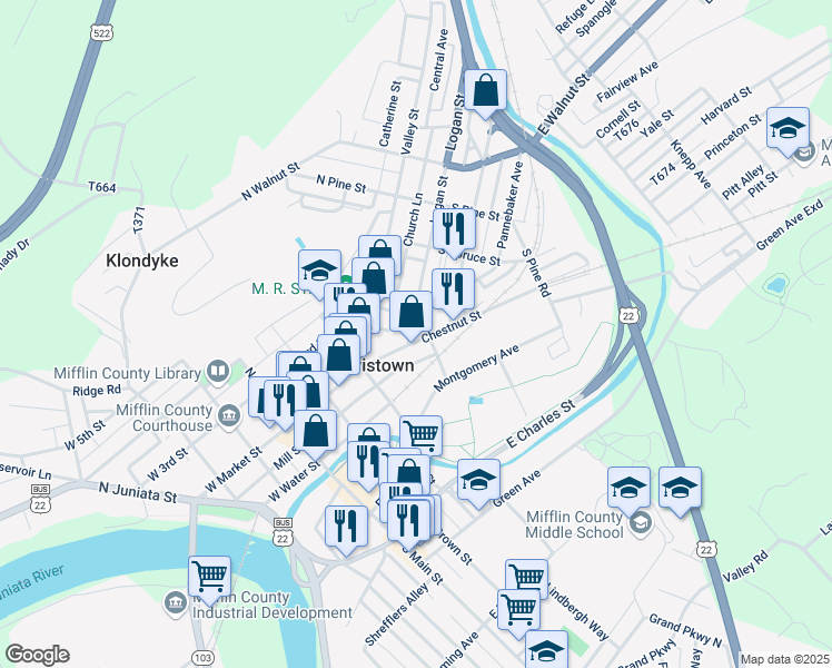 map of restaurants, bars, coffee shops, grocery stores, and more near 57 Chestnut Street in Lewistown