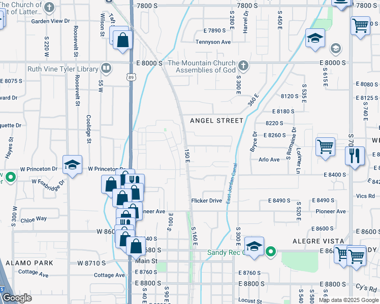 map of restaurants, bars, coffee shops, grocery stores, and more near 8316 South Carmen Court in Sandy