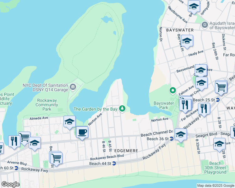 map of restaurants, bars, coffee shops, grocery stores, and more near 551 Beach 43rd Street in Queens