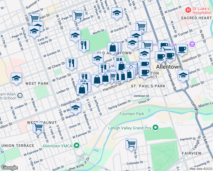 map of restaurants, bars, coffee shops, grocery stores, and more near 1139 West Court Street in Allentown