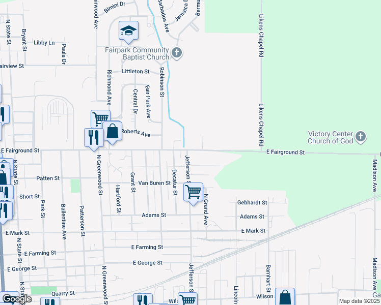 map of restaurants, bars, coffee shops, grocery stores, and more near 693 East Fairground Street in Marion