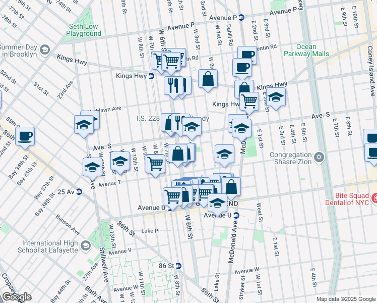 map of restaurants, bars, coffee shops, grocery stores, and more near 1944 West 5th Street in Brooklyn