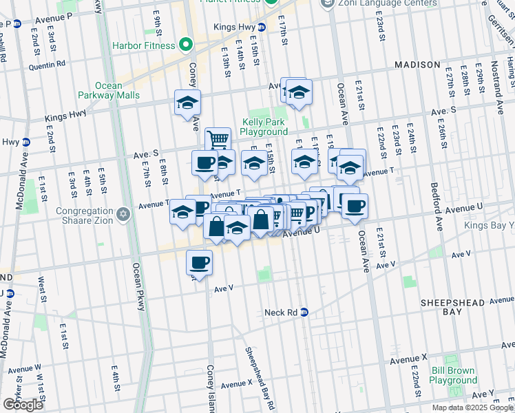 map of restaurants, bars, coffee shops, grocery stores, and more near 2019 East 14th Street in Brooklyn