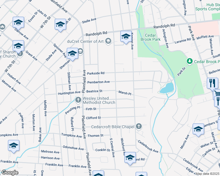 map of restaurants, bars, coffee shops, grocery stores, and more near 1210 Central Avenue in Plainfield