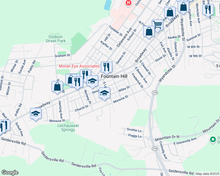 map of restaurants, bars, coffee shops, grocery stores, and more near 1217 Sioux Street in Fountain Hill