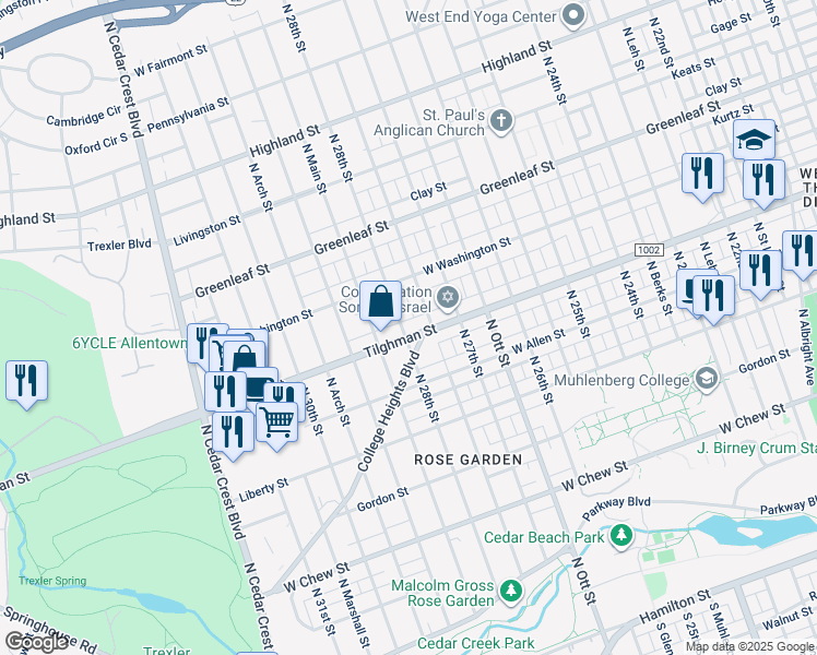 map of restaurants, bars, coffee shops, grocery stores, and more near 2743-2747 Tilghman Street in Allentown