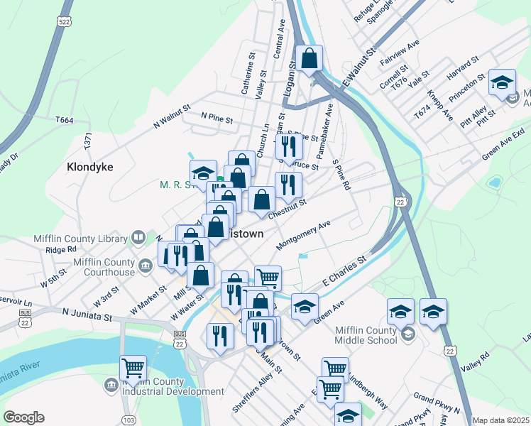 map of restaurants, bars, coffee shops, grocery stores, and more near 57 Chestnut Street in Lewistown