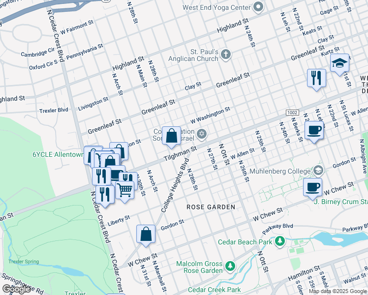 map of restaurants, bars, coffee shops, grocery stores, and more near 2743-2747 Tilghman Street in Allentown