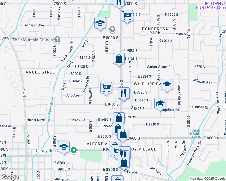 map of restaurants, bars, coffee shops, grocery stores, and more near 8308 South 700 East in Sandy