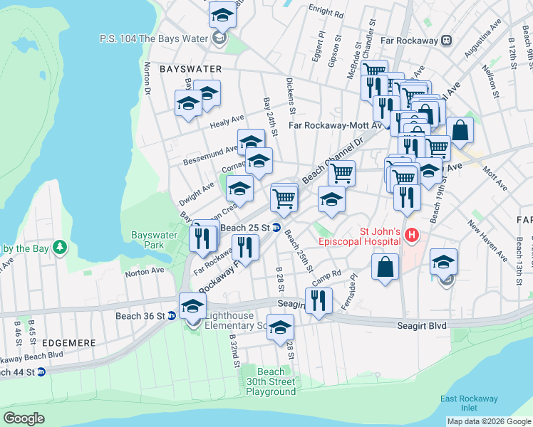 map of restaurants, bars, coffee shops, grocery stores, and more near 25-11 Beach Channel Drive in Queens