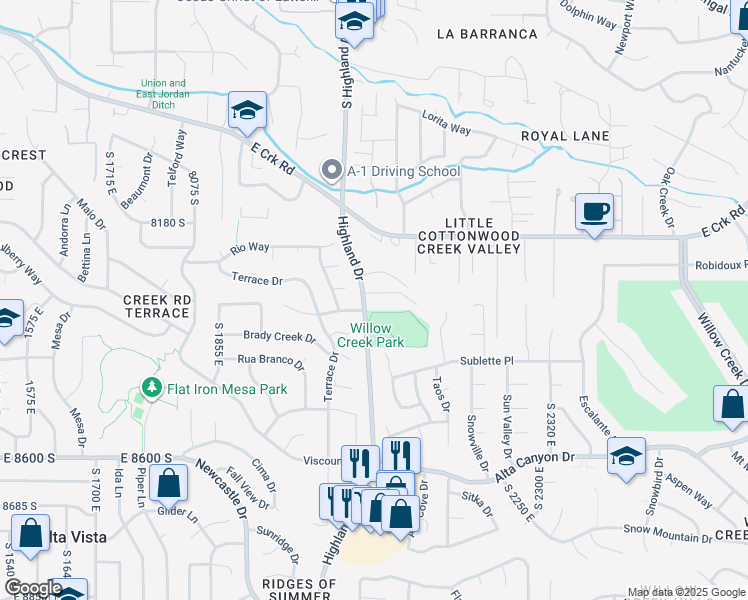 map of restaurants, bars, coffee shops, grocery stores, and more near 8325 South Highland Drive in Cottonwood Heights