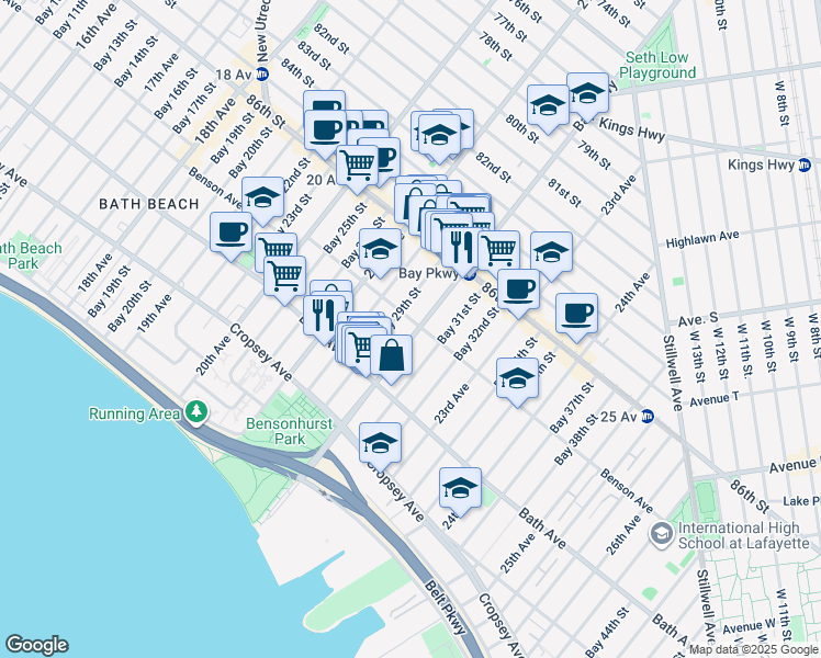 map of restaurants, bars, coffee shops, grocery stores, and more near 85 Bay 29th Street in Brooklyn