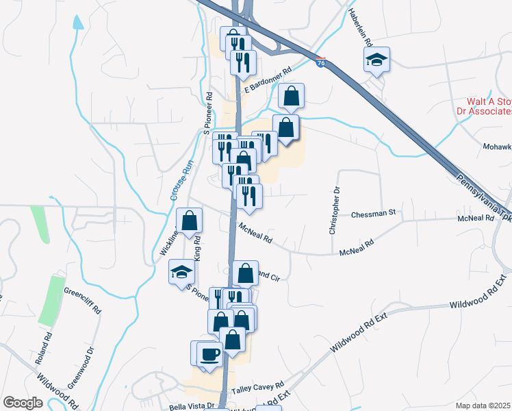 map of restaurants, bars, coffee shops, grocery stores, and more near 2866 Grandview Drive in Hampton Township