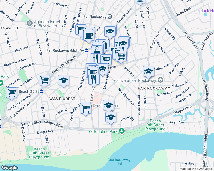 map of restaurants, bars, coffee shops, grocery stores, and more near 595 Beach 19th Street in Queens