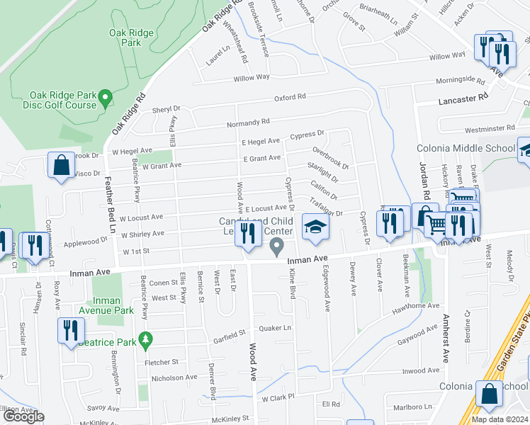 map of restaurants, bars, coffee shops, grocery stores, and more near 37 East Locust Avenue in Woodbridge Township