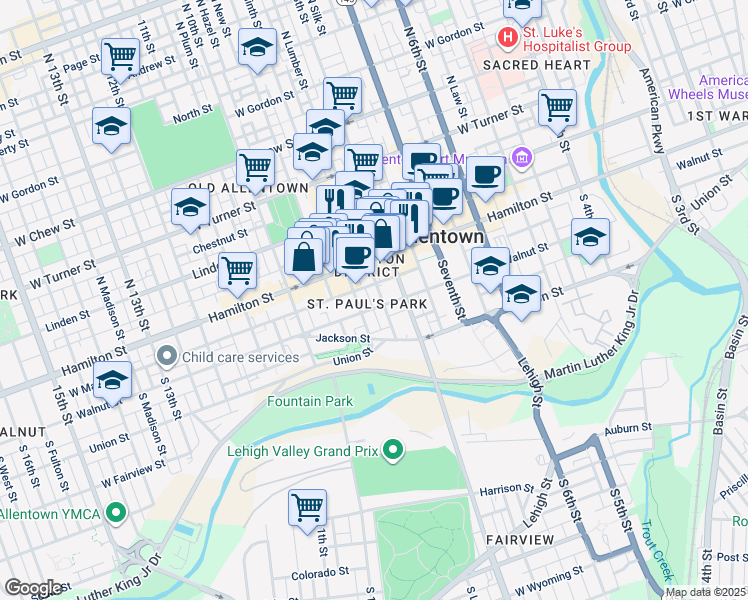 map of restaurants, bars, coffee shops, grocery stores, and more near 830 Walnut Street in Allentown