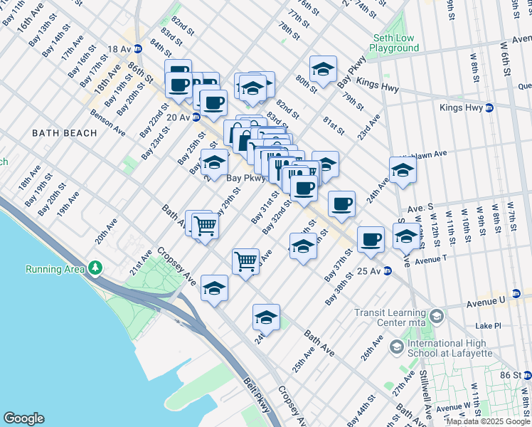 map of restaurants, bars, coffee shops, grocery stores, and more near 38 Bay 32nd Street in Brooklyn