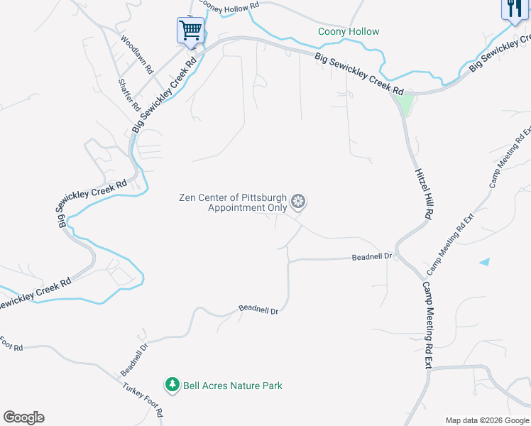 map of restaurants, bars, coffee shops, grocery stores, and more near 130 Willow Ridge Road in Sewickley