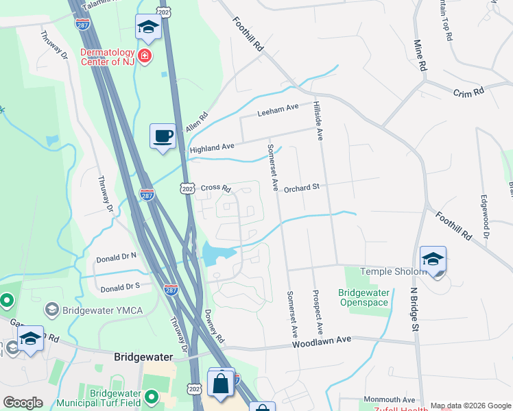 map of restaurants, bars, coffee shops, grocery stores, and more near 195 Crestview Road in Bridgewater Township