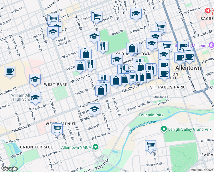 map of restaurants, bars, coffee shops, grocery stores, and more near 40 North Jefferson Street in Allentown