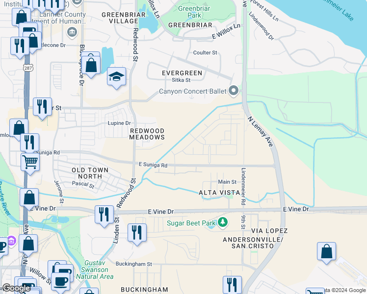 map of restaurants, bars, coffee shops, grocery stores, and more near 900 Sundrop Circle in Fort Collins
