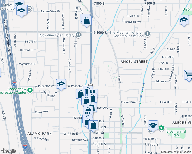 map of restaurants, bars, coffee shops, grocery stores, and more near 43 Opequon Road in Sandy
