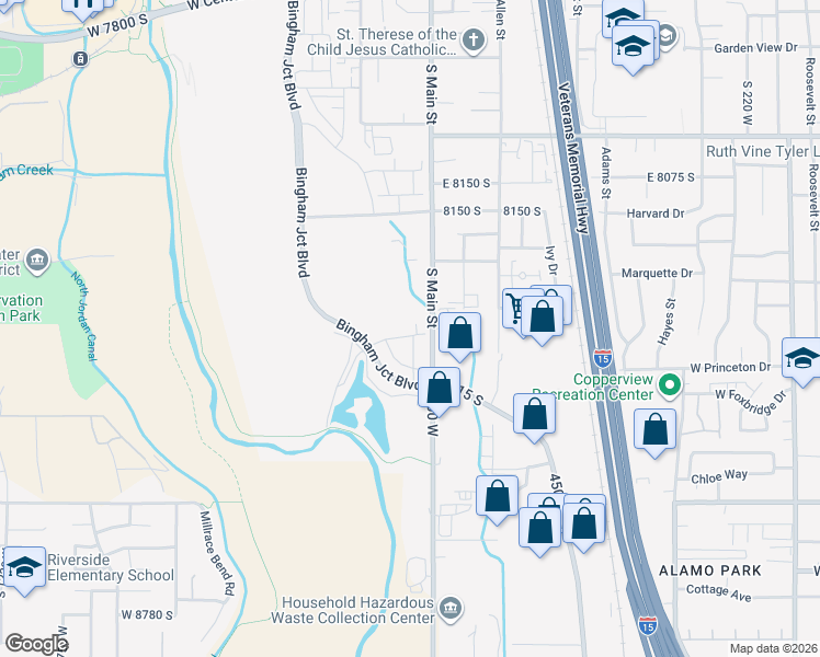 map of restaurants, bars, coffee shops, grocery stores, and more near 8200-8342 S Main St in Sandy