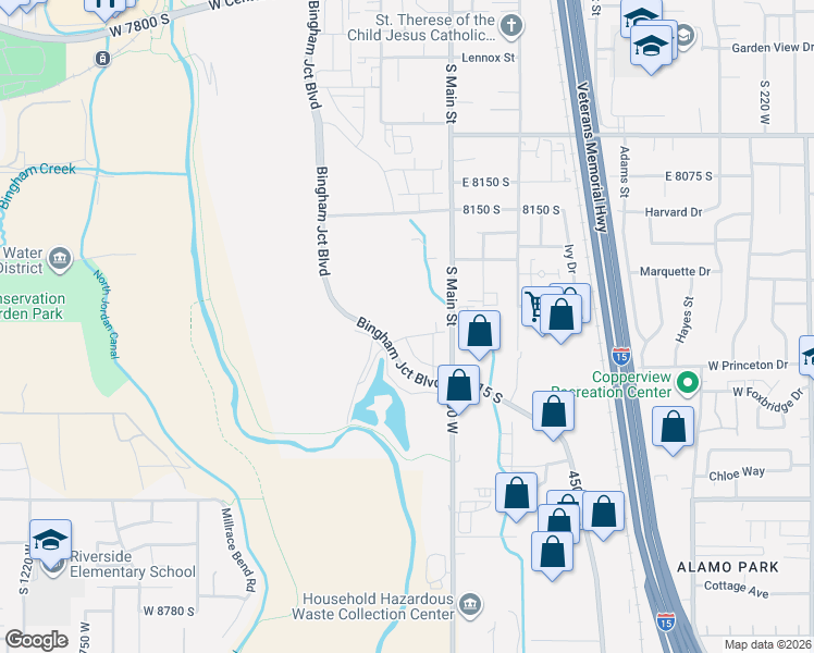 map of restaurants, bars, coffee shops, grocery stores, and more near 8234-8266 South Main Street in Midvale