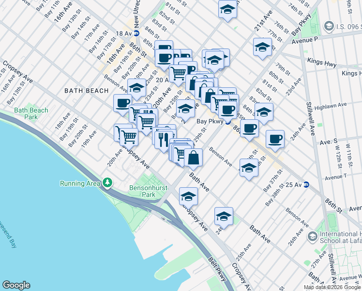 map of restaurants, bars, coffee shops, grocery stores, and more near 120 Bay 28th Street in Brooklyn