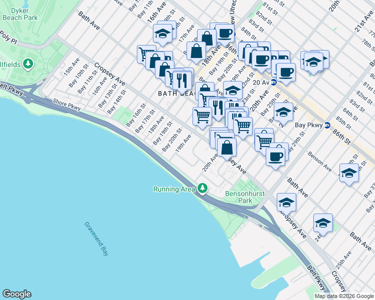 map of restaurants, bars, coffee shops, grocery stores, and more near 260 Bay 22nd Street in Brooklyn