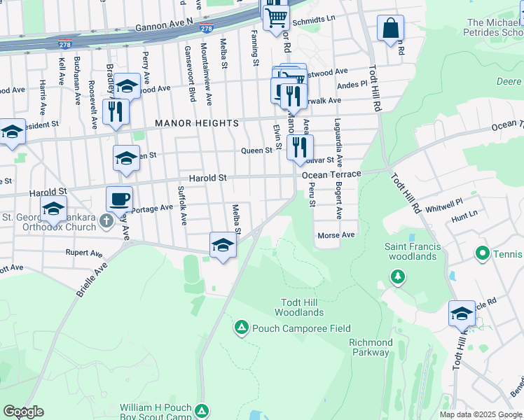map of restaurants, bars, coffee shops, grocery stores, and more near 466 Fanning Street in Staten Island