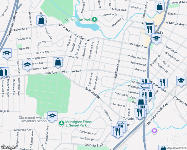 map of restaurants, bars, coffee shops, grocery stores, and more near 688 West Inman Avenue in Rahway
